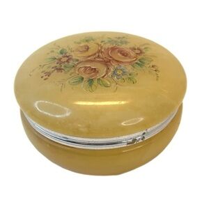 Italy Alabaster Hand Painted Floral Round Trinket Box VTG Hinge Lid Sticker 3.8"